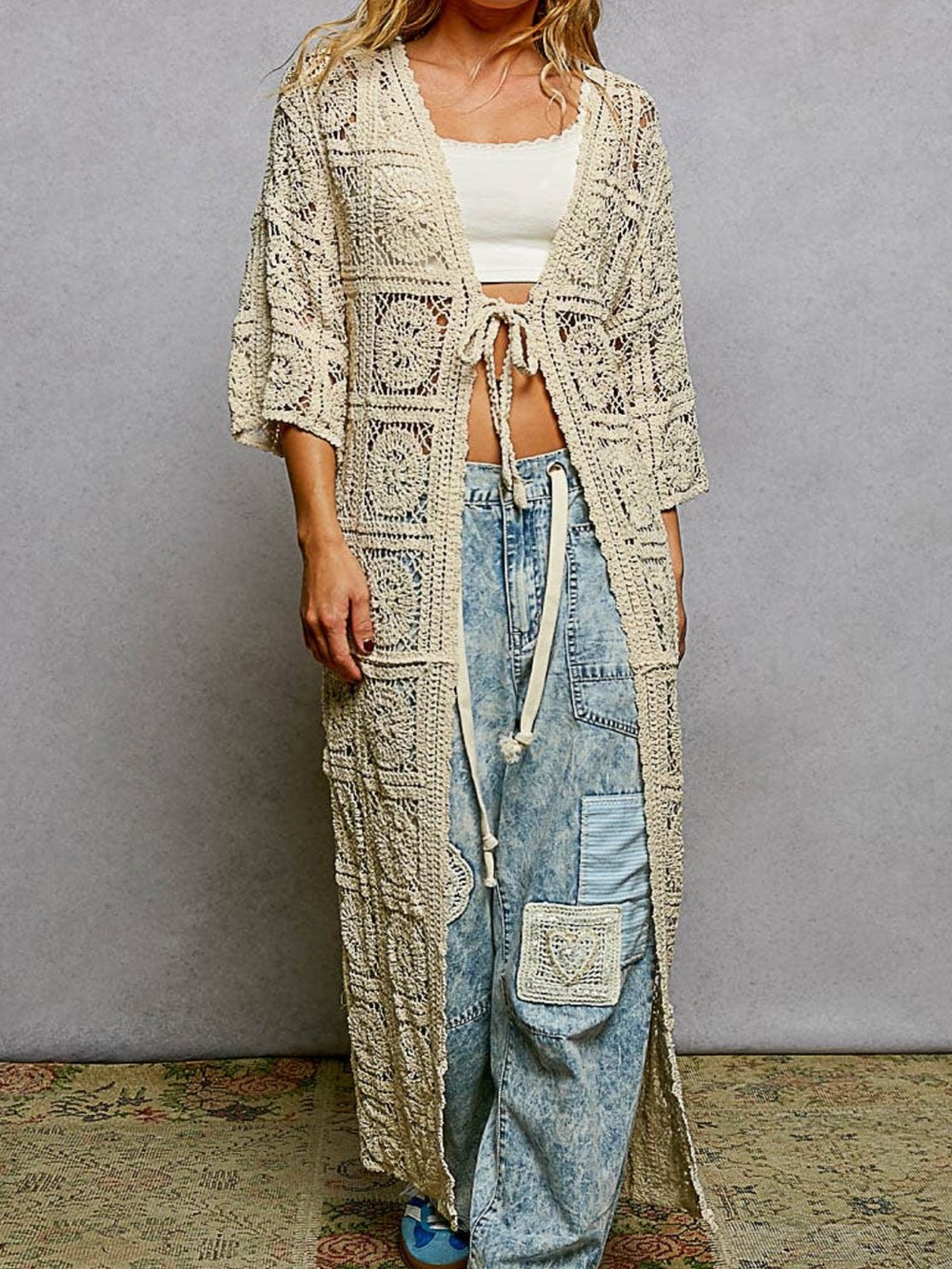 POL Crochet Longline Tie-Front Kimono in Cream
